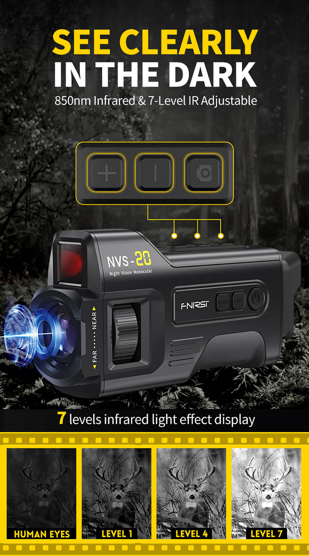 FNIRSI NVS-20 4K digitální monokulární noční vidění, 1,54palcová IPS obrazovka, 6násobný maximální digitální zoom, infračervené světlo 850nm, 7úrovňové nastavitelné IR - černé