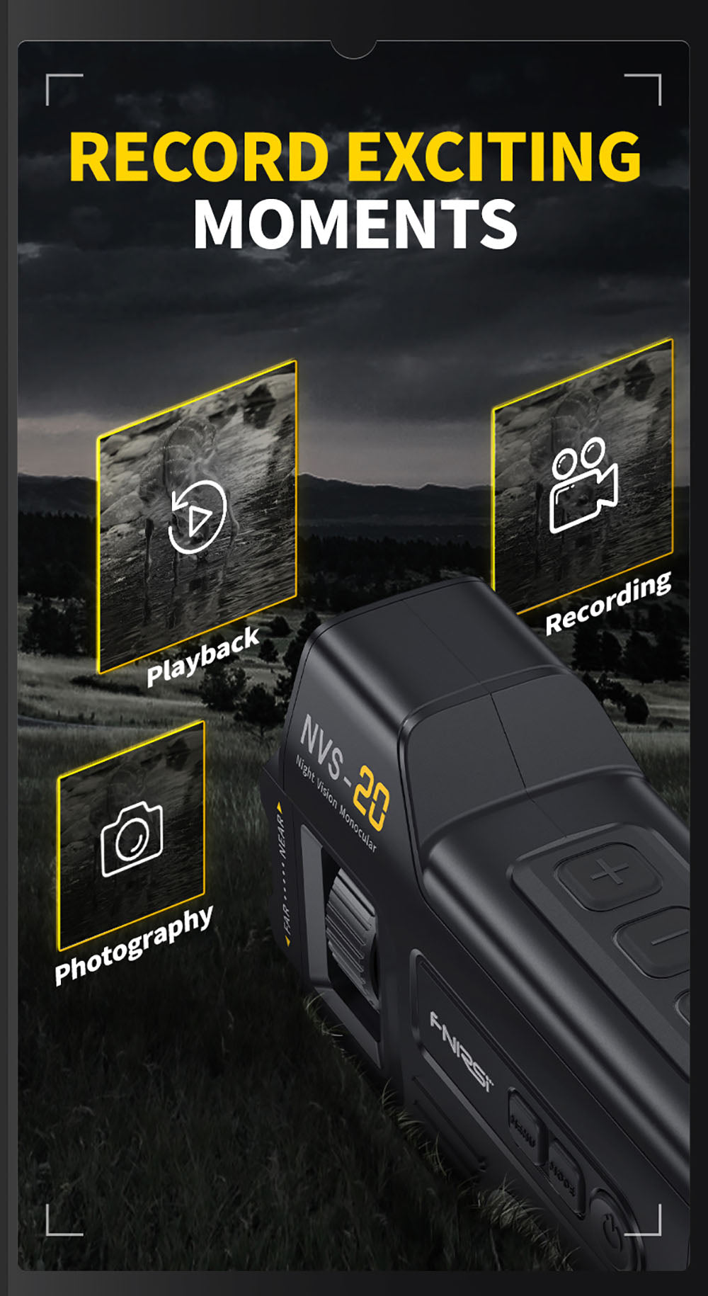 FNIRSI NVS-20 4K digitální monokulární noční vidění, 1,54palcová IPS obrazovka, 6násobný maximální digitální zoom, infračervené světlo 850nm, 7úrovňové nastavitelné IR - černé