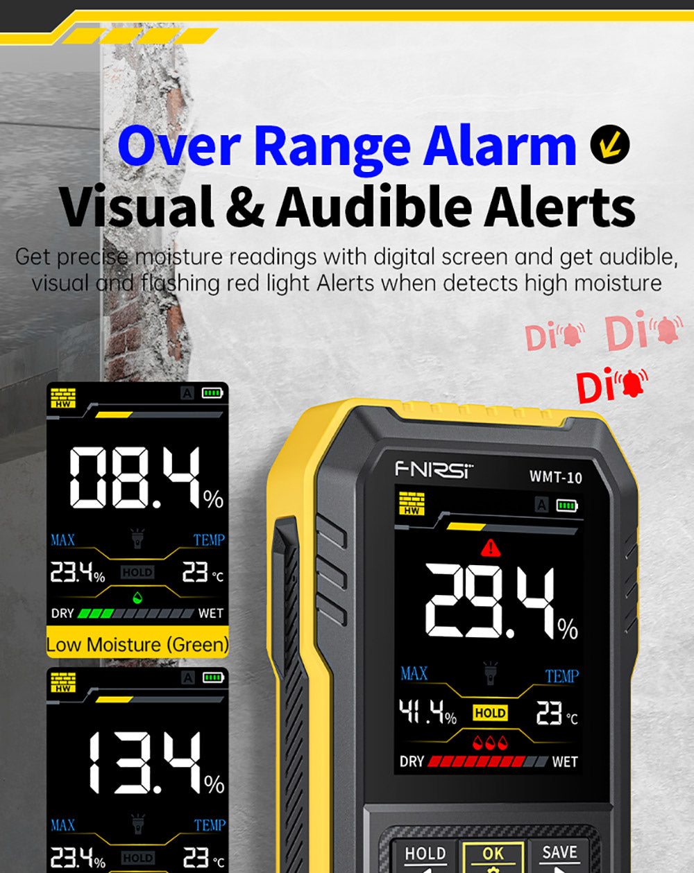 Bezkolíkový vlhkoměr FNIRSI WMT-10, obrazovka 2,4 palce, hloubka měření 17 mm