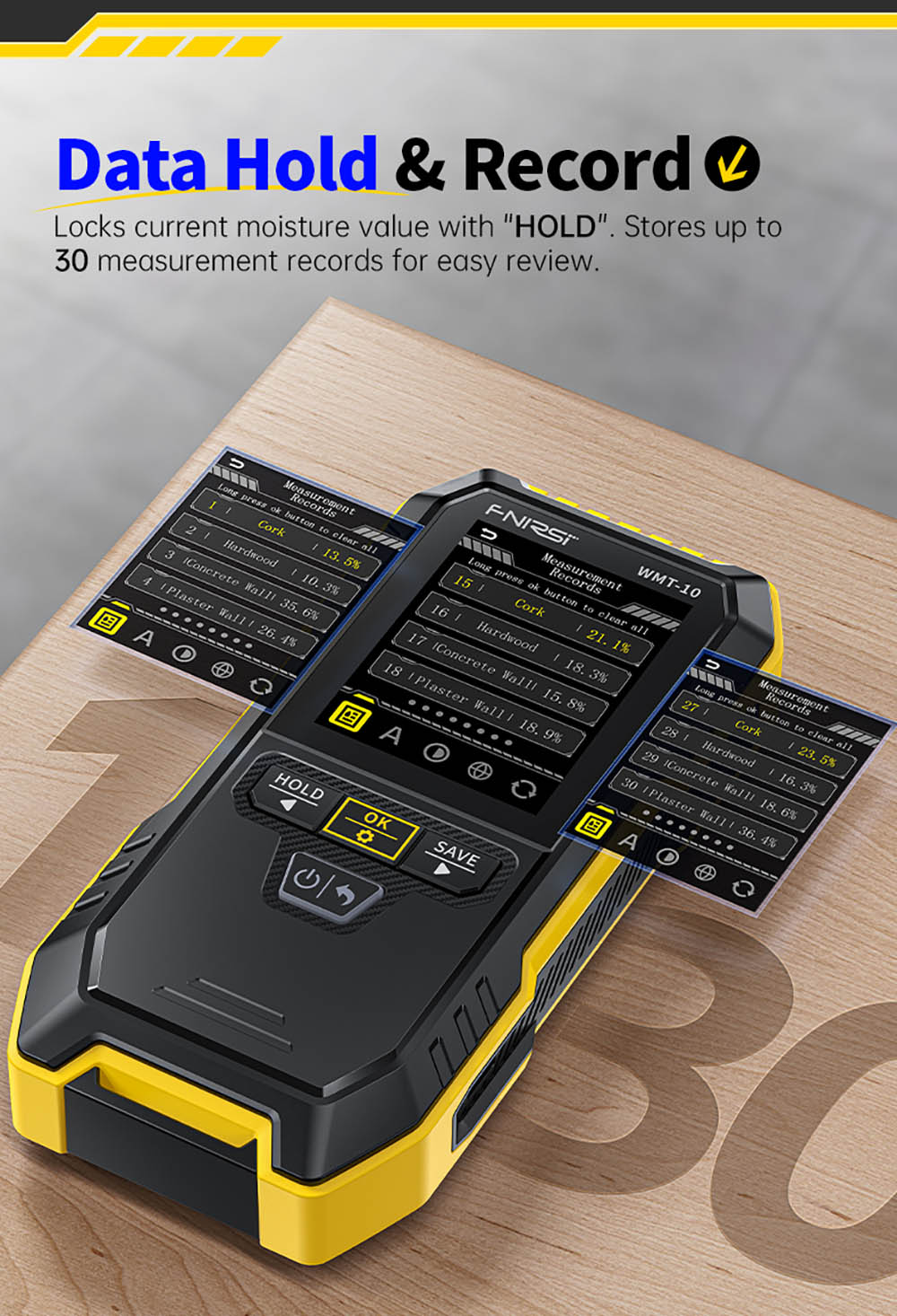 Bezkolíkový vlhkoměr FNIRSI WMT-10, obrazovka 2,4 palce, hloubka měření 17 mm