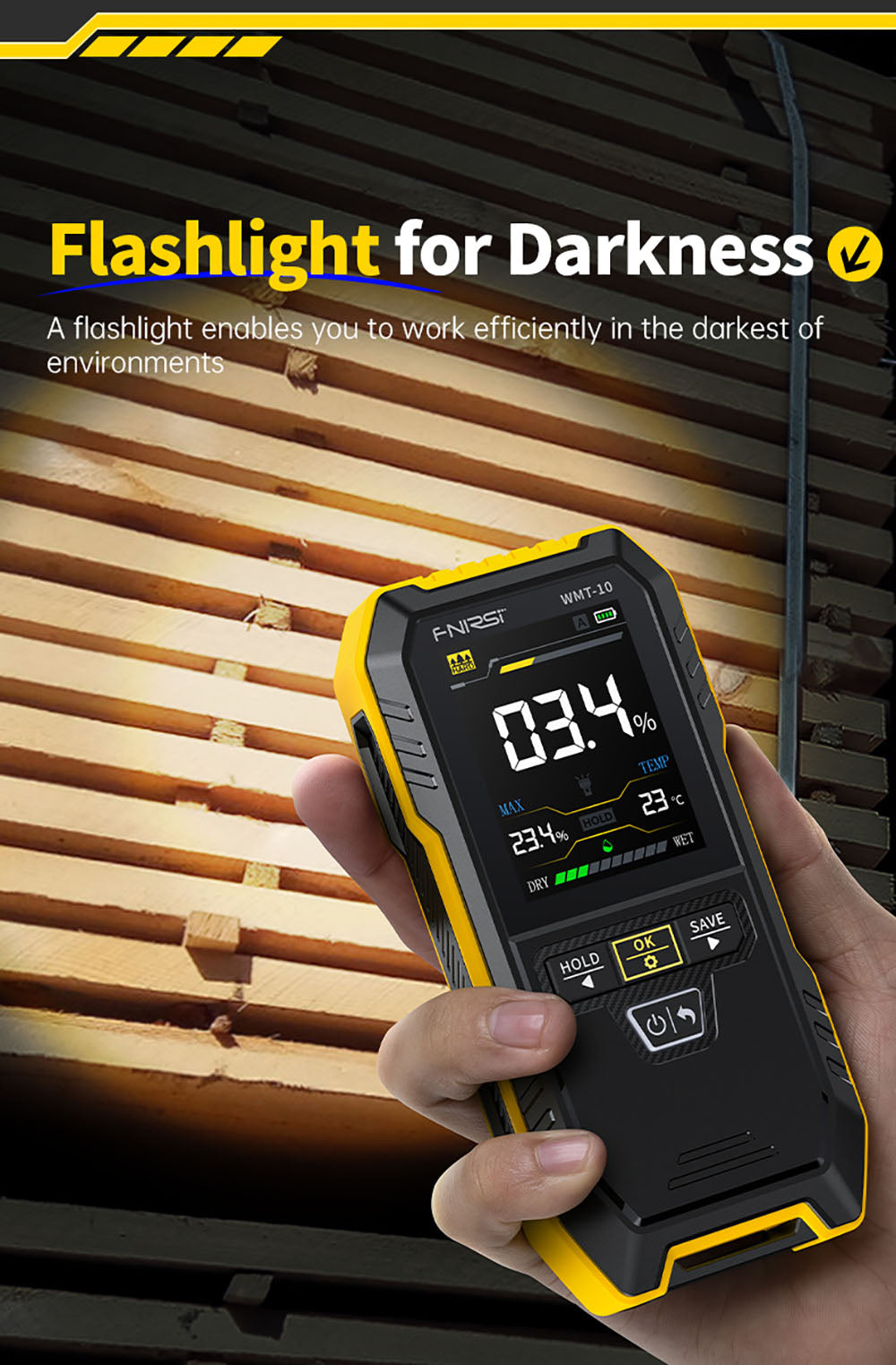 Bezkolíkový vlhkoměr FNIRSI WMT-10, obrazovka 2,4 palce, hloubka měření 17 mm