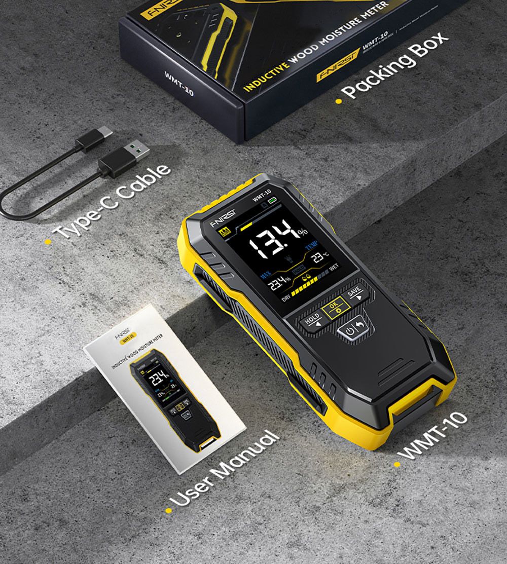 Bezkolíkový vlhkoměr FNIRSI WMT-10, obrazovka 2,4 palce, hloubka měření 17 mm