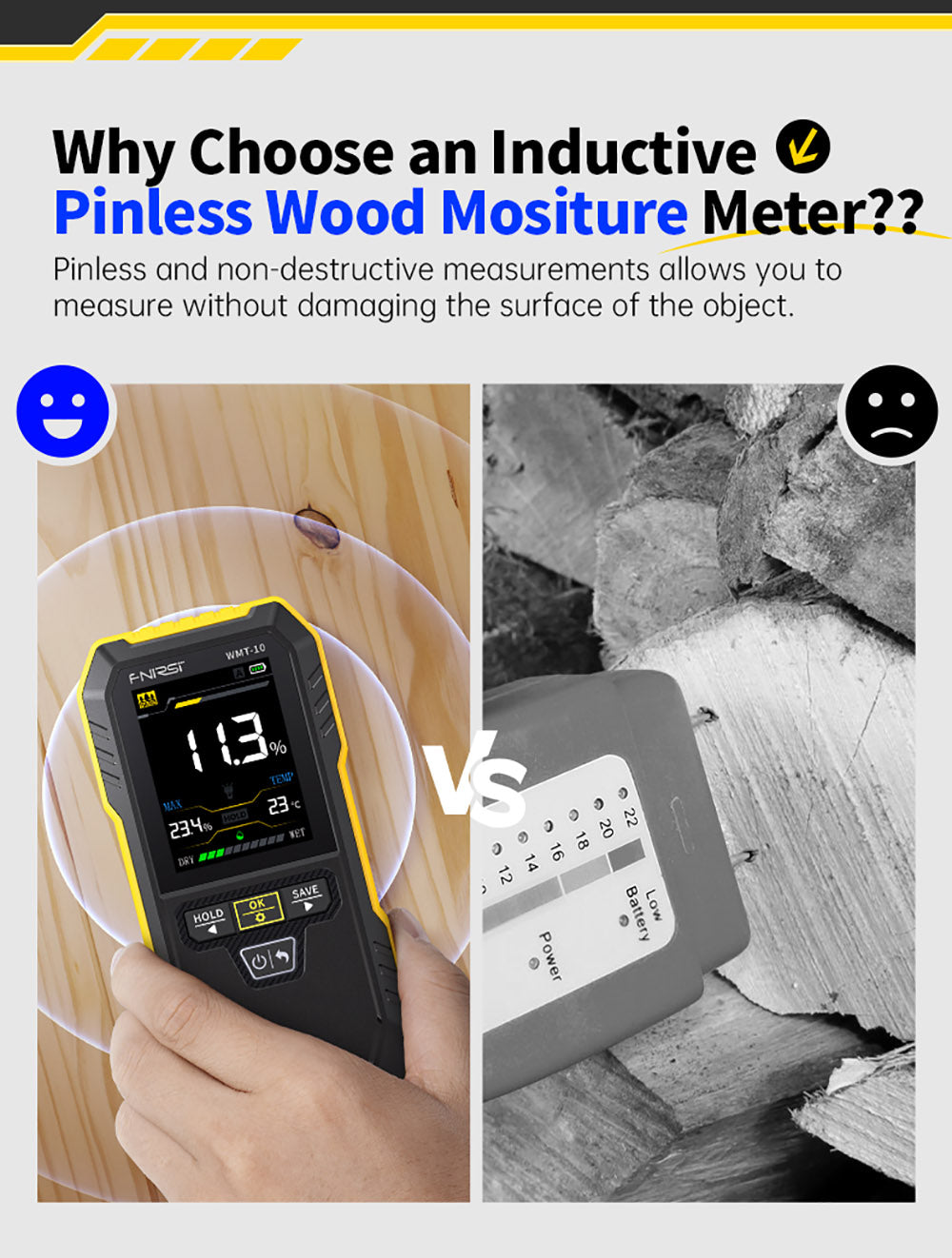 Bezkolíkový vlhkoměr FNIRSI WMT-10, obrazovka 2,4 palce, hloubka měření 17 mm