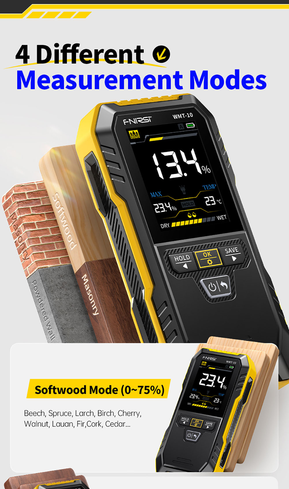 Bezkolíkový vlhkoměr FNIRSI WMT-10, obrazovka 2,4 palce, hloubka měření 17 mm