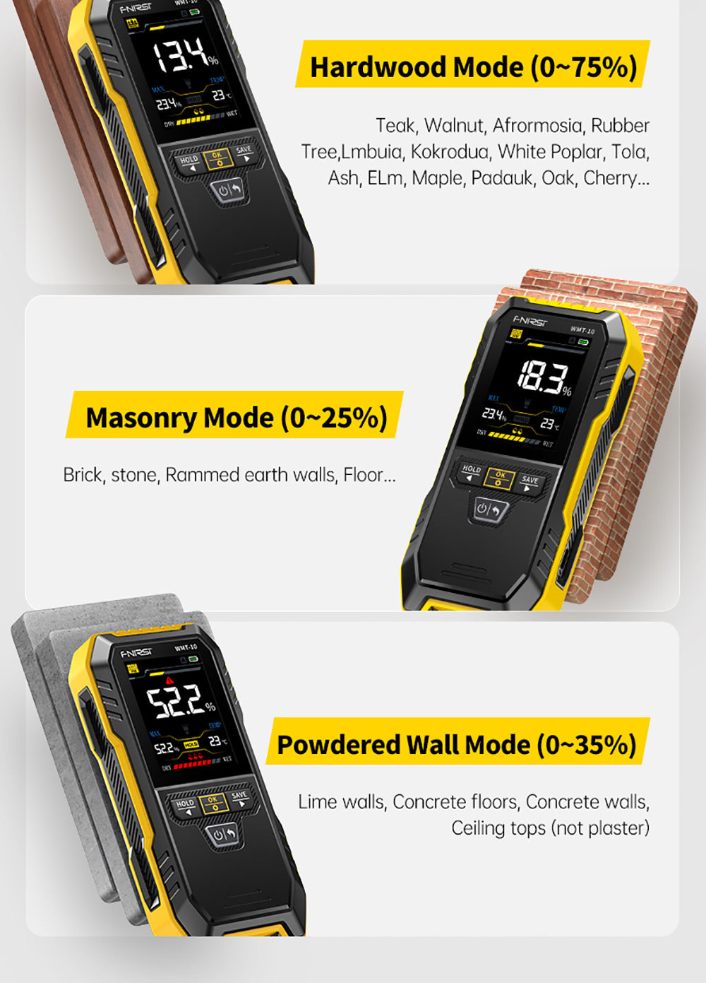 Bezkolíkový vlhkoměr FNIRSI WMT-10, obrazovka 2,4 palce, hloubka měření 17 mm
