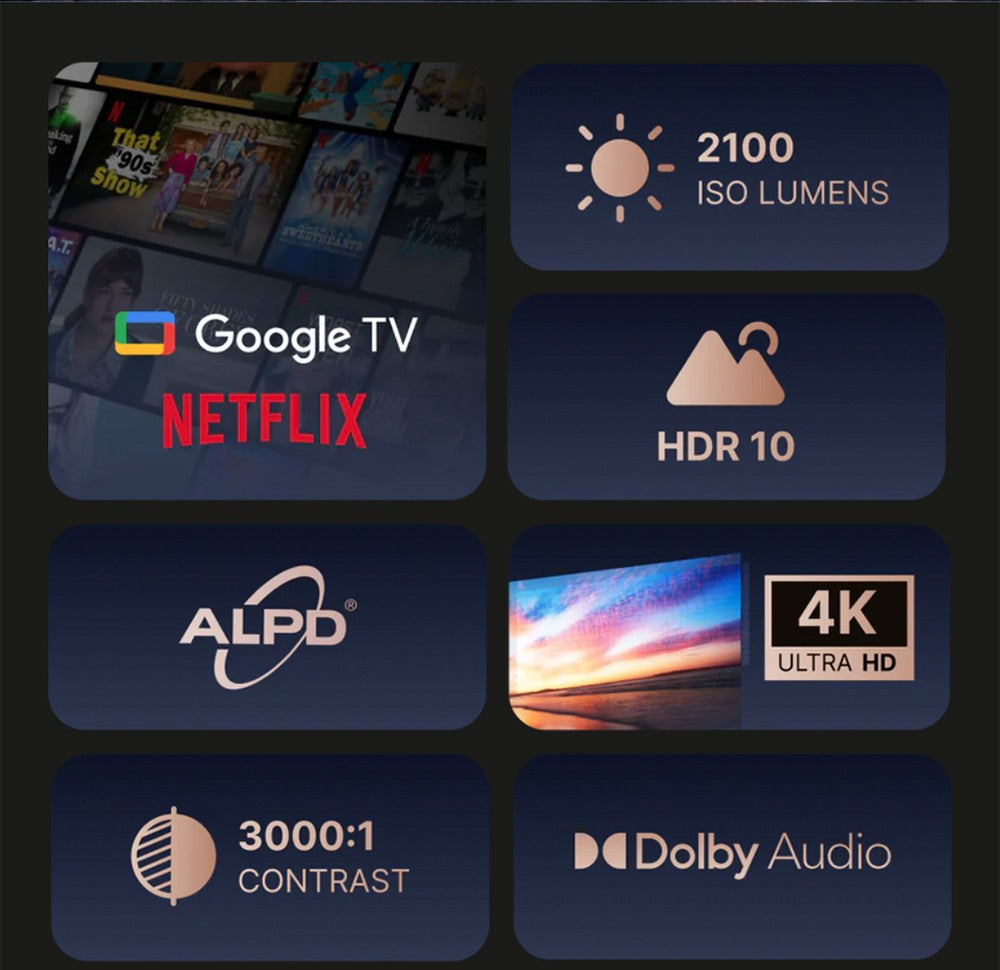 Laserový projektor Formovie Cinema Edge 4K, 2100 ISO lumenů, Google TV, vestavěný Netflix, Dolby Audio, 2*15W reproduktory, HDR10, WiFi 6
