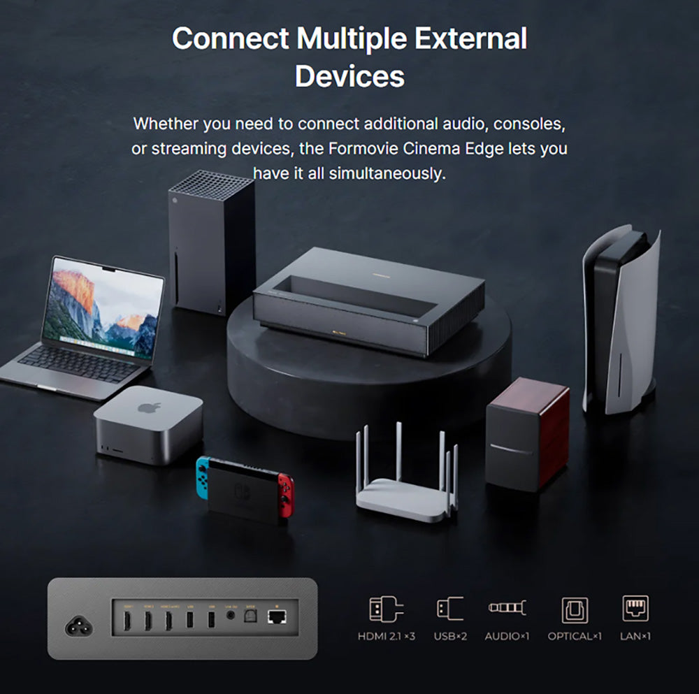 Laserový projektor Formovie Cinema Edge 4K, 2100 ISO lumenů, Google TV, vestavěný Netflix, Dolby Audio, 2*15W reproduktory, HDR10, WiFi 6