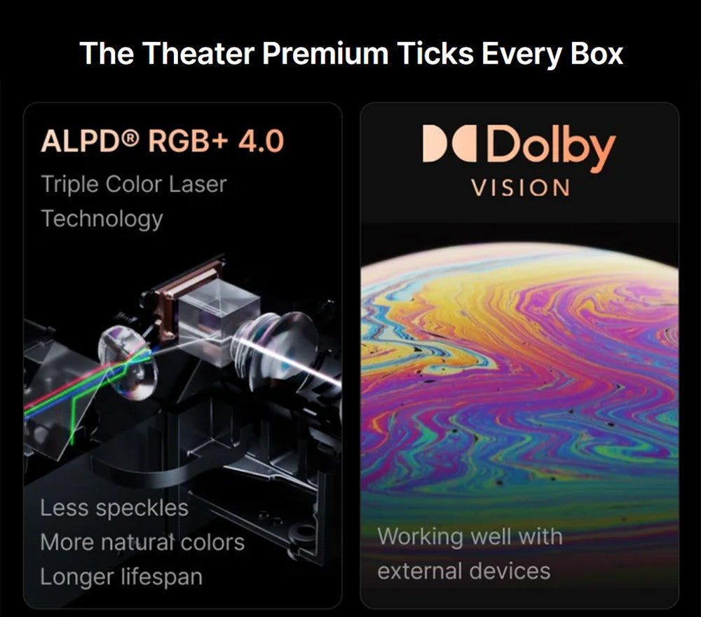Prémiový 4K laserový projektor Formovie Theater, ultra krátký projekční poměr 0,21:1, Google TV, vestavěný Netflix, 2200 ISO lumenů, Dolby Vision a Atmos, MEMC a ALLM, 8bodová korekce lichoběžníkového zkreslení