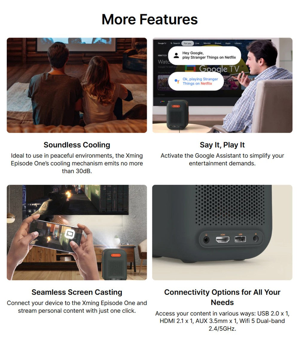 Projektor Formovie Xming Episode One, Google TV, nativní rozlišení 1080p, 150 ISO lumenů, kontrastní poměr 1500:1, Dolby Audio, vestavěný Netflix