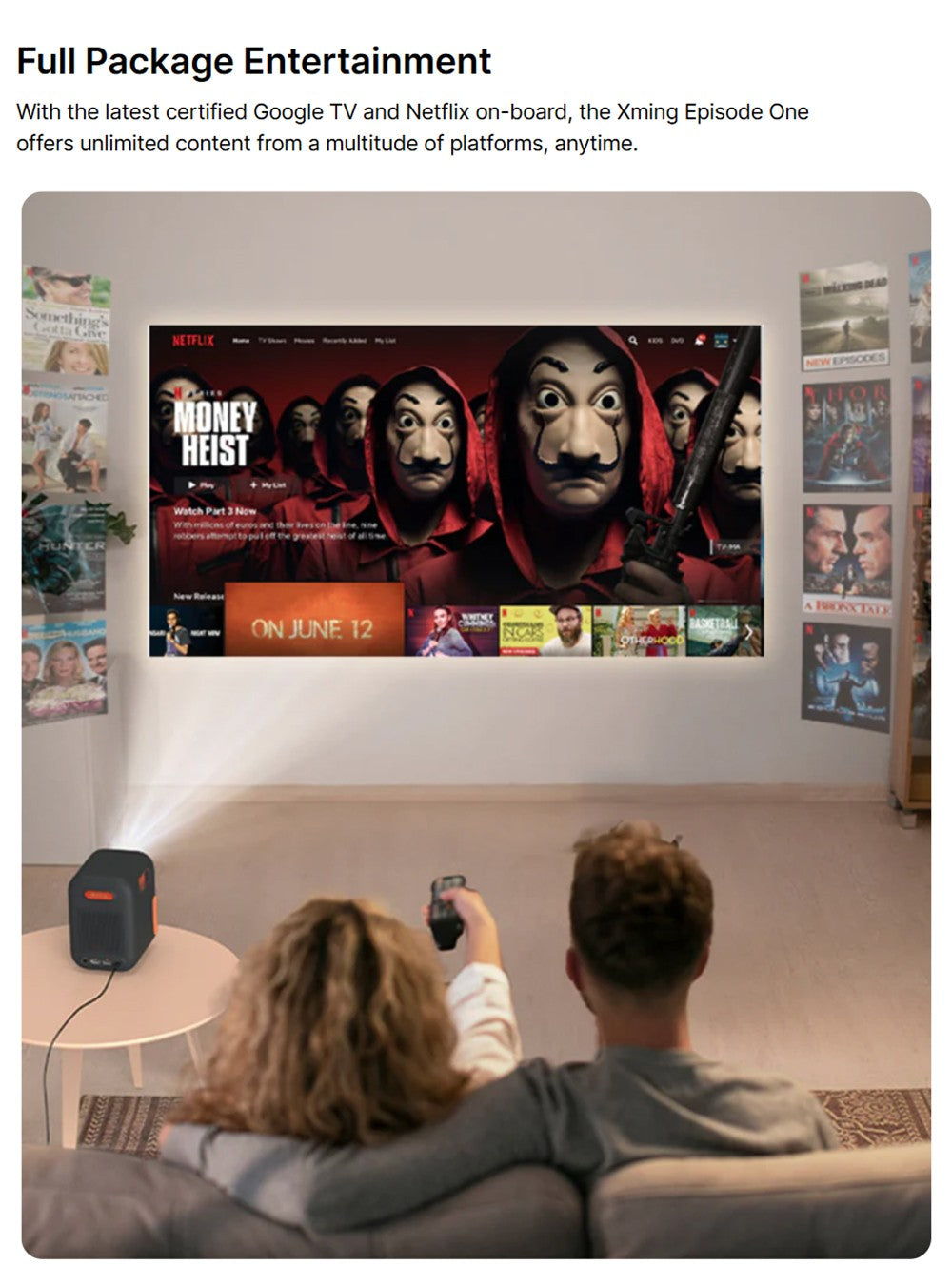 Projektor Formovie Xming Episode One, Google TV, nativní rozlišení 1080p, 150 ISO lumenů, kontrastní poměr 1500:1, Dolby Audio, vestavěný Netflix