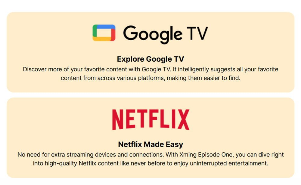 Projektor Formovie Xming Episode One, Google TV, nativní rozlišení 1080p, 150 ISO lumenů, kontrastní poměr 1500:1, Dolby Audio, vestavěný Netflix