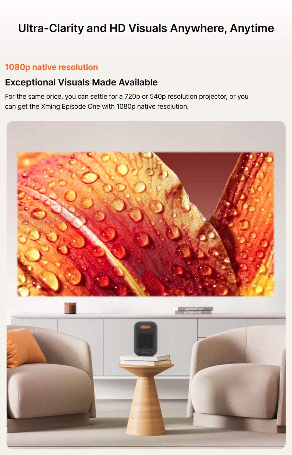 Projektor Formovie Xming Episode One, Google TV, nativní rozlišení 1080p, 150 ISO lumenů, kontrastní poměr 1500:1, Dolby Audio, vestavěný Netflix