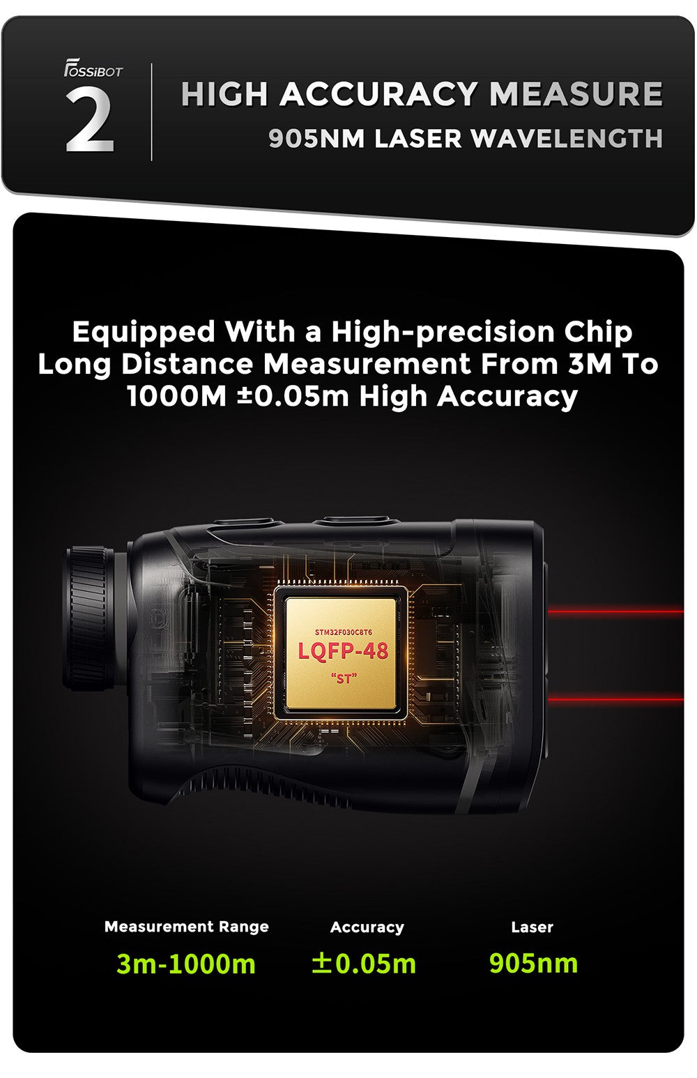 Golfový dálkoměr FOSSiBOT C1000 Pro, zelený a červený OLED displej, rychlost měření 0,06 s, dosah měření 1000 m, vodotěsnost IP54