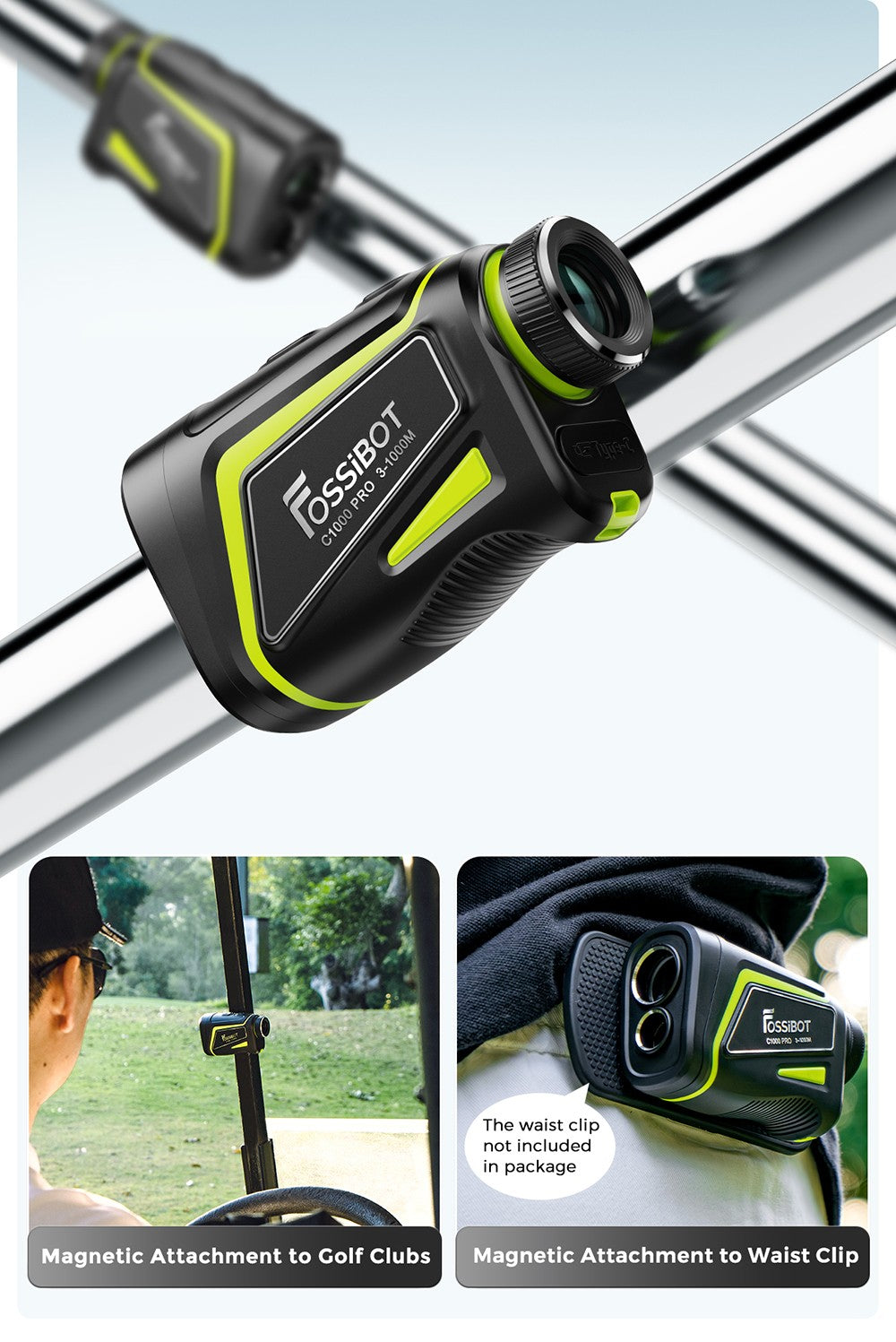 Golfový dálkoměr FOSSiBOT C1000 Pro, zelený a červený OLED displej, rychlost měření 0,06 s, dosah měření 1000 m, vodotěsnost IP54