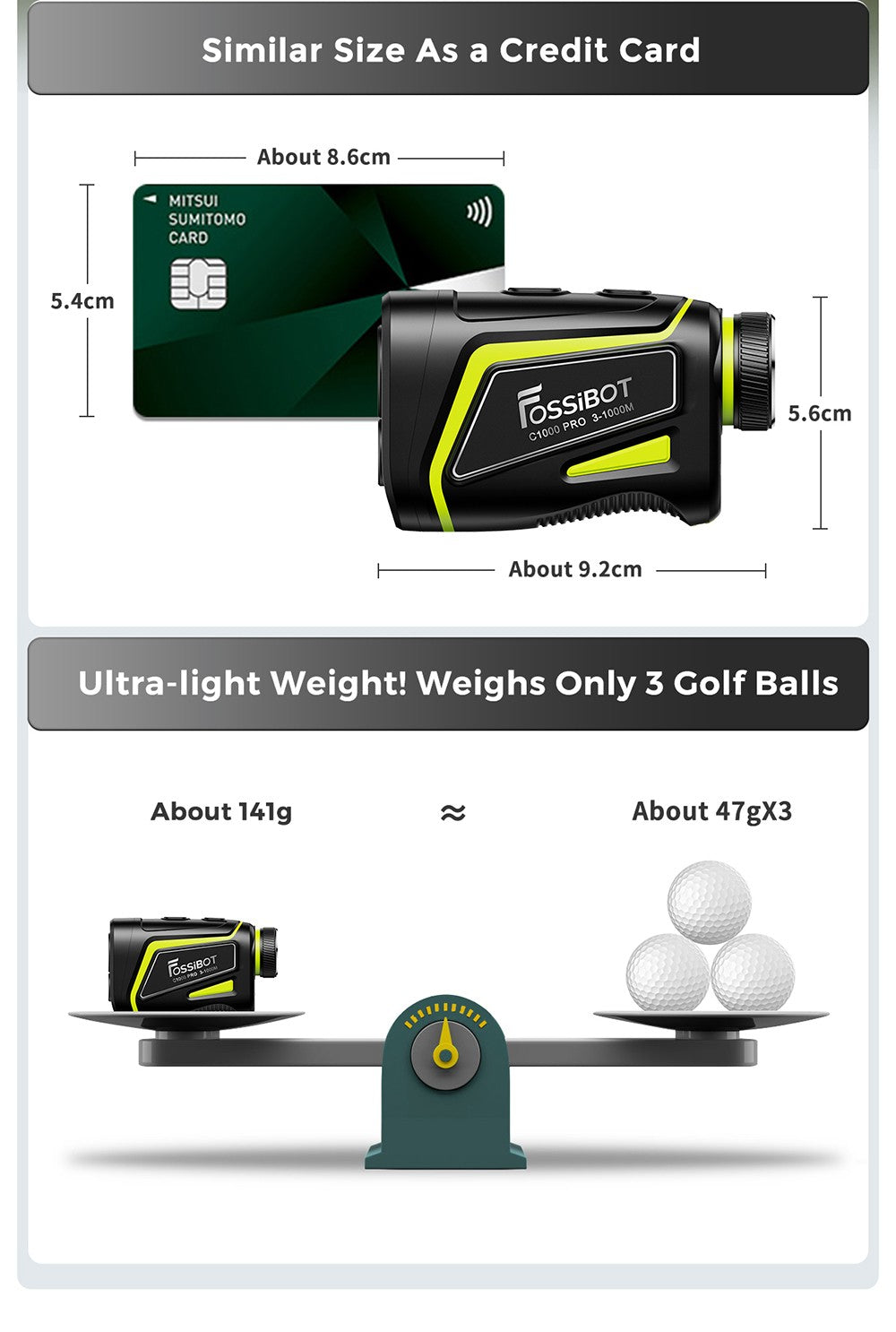 Golfový dálkoměr FOSSiBOT C1000 Pro, zelený a červený OLED displej, rychlost měření 0,06 s, dosah měření 1000 m, vodotěsnost IP54