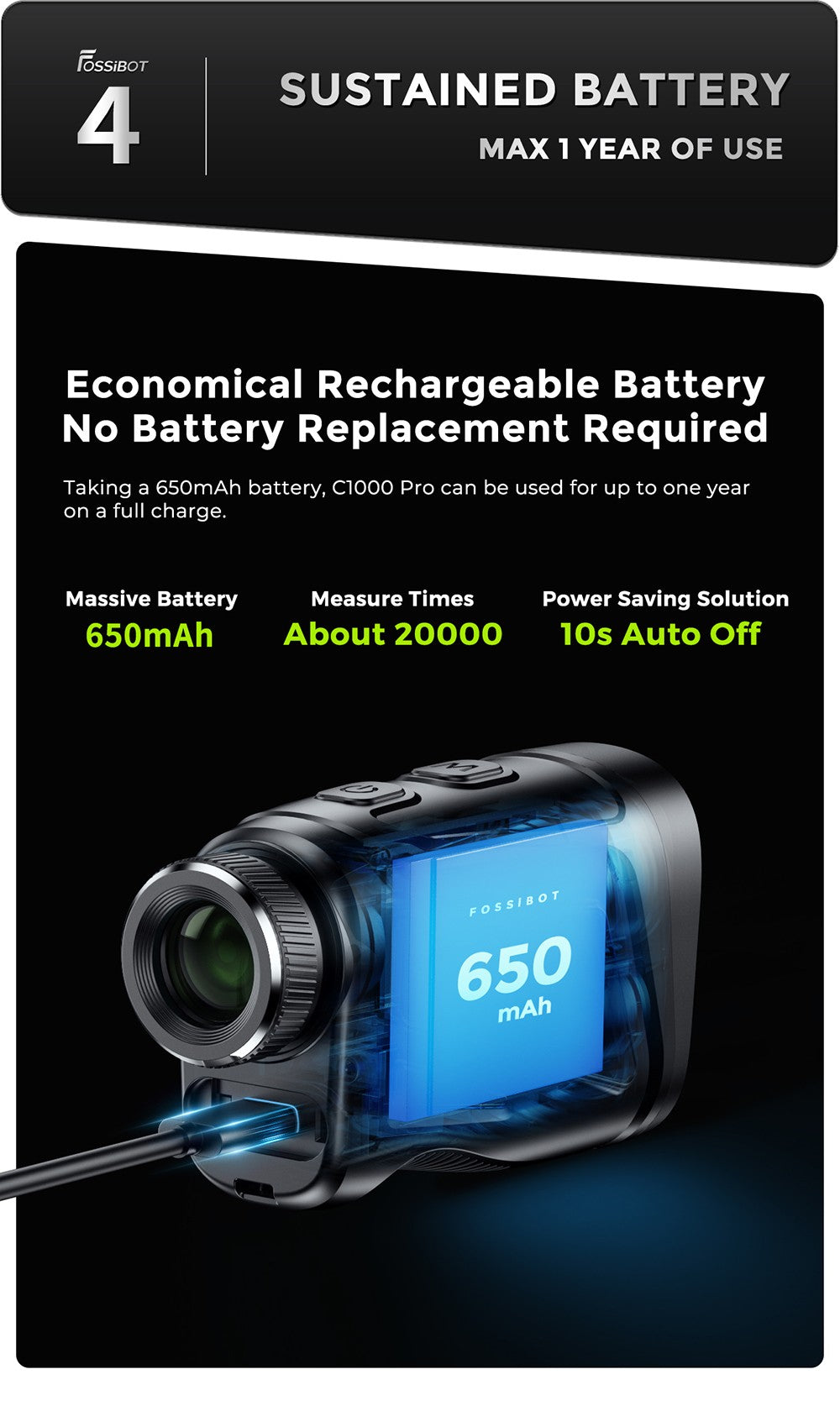 Golfový dálkoměr FOSSiBOT C1000 Pro, zelený a červený OLED displej, rychlost měření 0,06 s, dosah měření 1000 m, vodotěsnost IP54