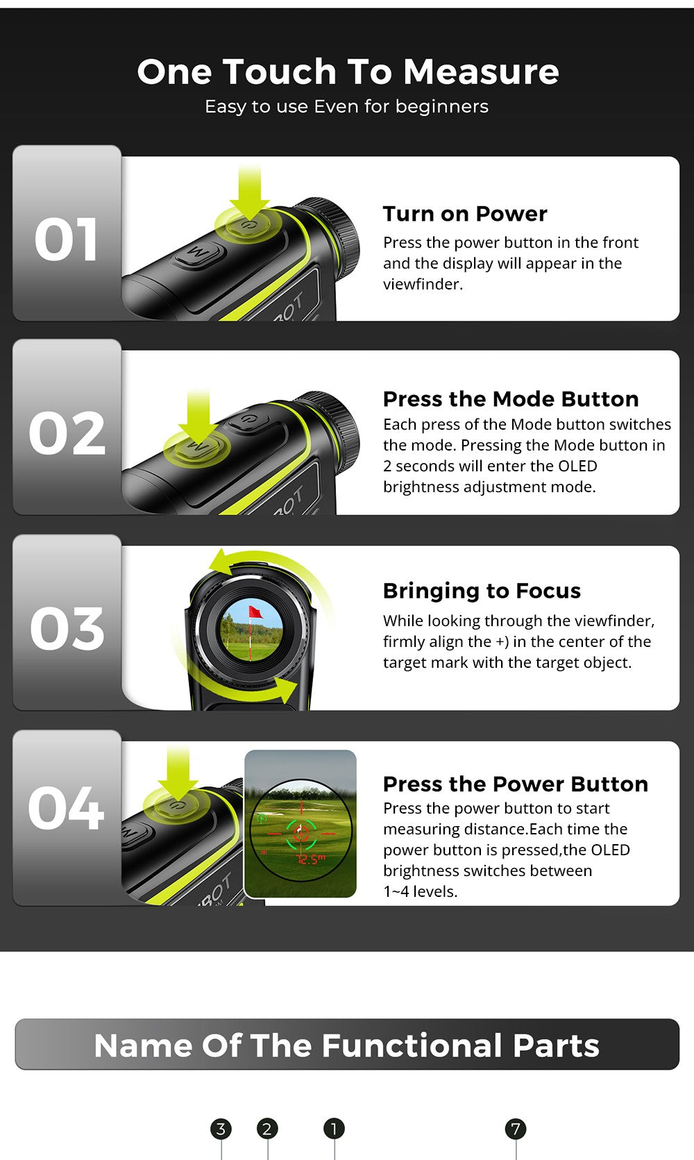 Golfový dálkoměr FOSSiBOT C1000 Pro, zelený a červený OLED displej, rychlost měření 0,06 s, dosah měření 1000 m, vodotěsnost IP54