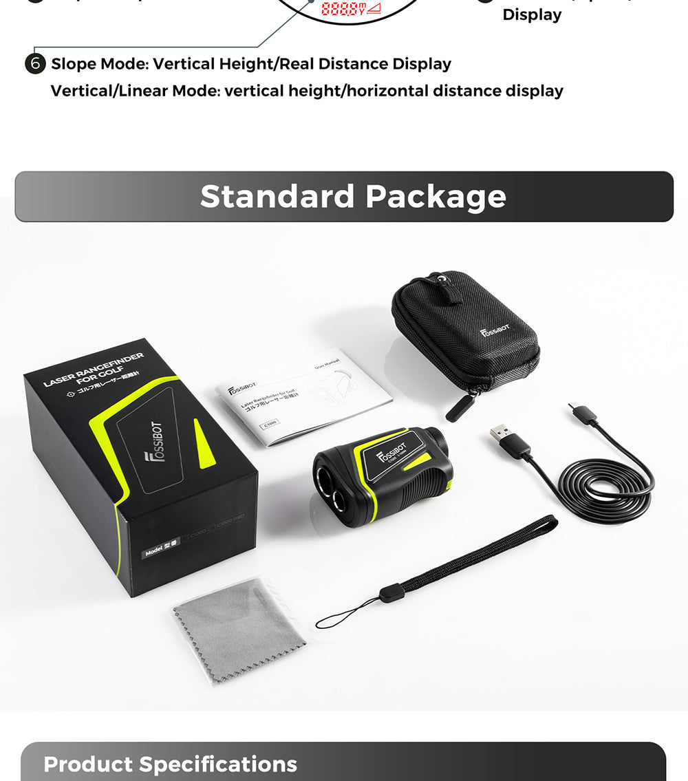 Golfový dálkoměr FOSSiBOT C1000 Pro, zelený a červený OLED displej, rychlost měření 0,06 s, dosah měření 1000 m, vodotěsnost IP54