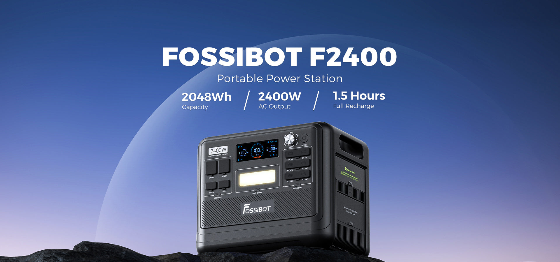Přenosná elektrárna FOSSiBOT F2400, baterie LiFePO4 2048 Wh, solární generátor s výstupem 2400 W, 3x AC zásuvky pro obytné vozy, USB typu C, QC3.0 PD DC5521, čistá sinusová vlna, rychlé nabíjení za 1,5 hodiny, knoflík pro nastavení vstupního výkonu, obousměrný měnič - zelená