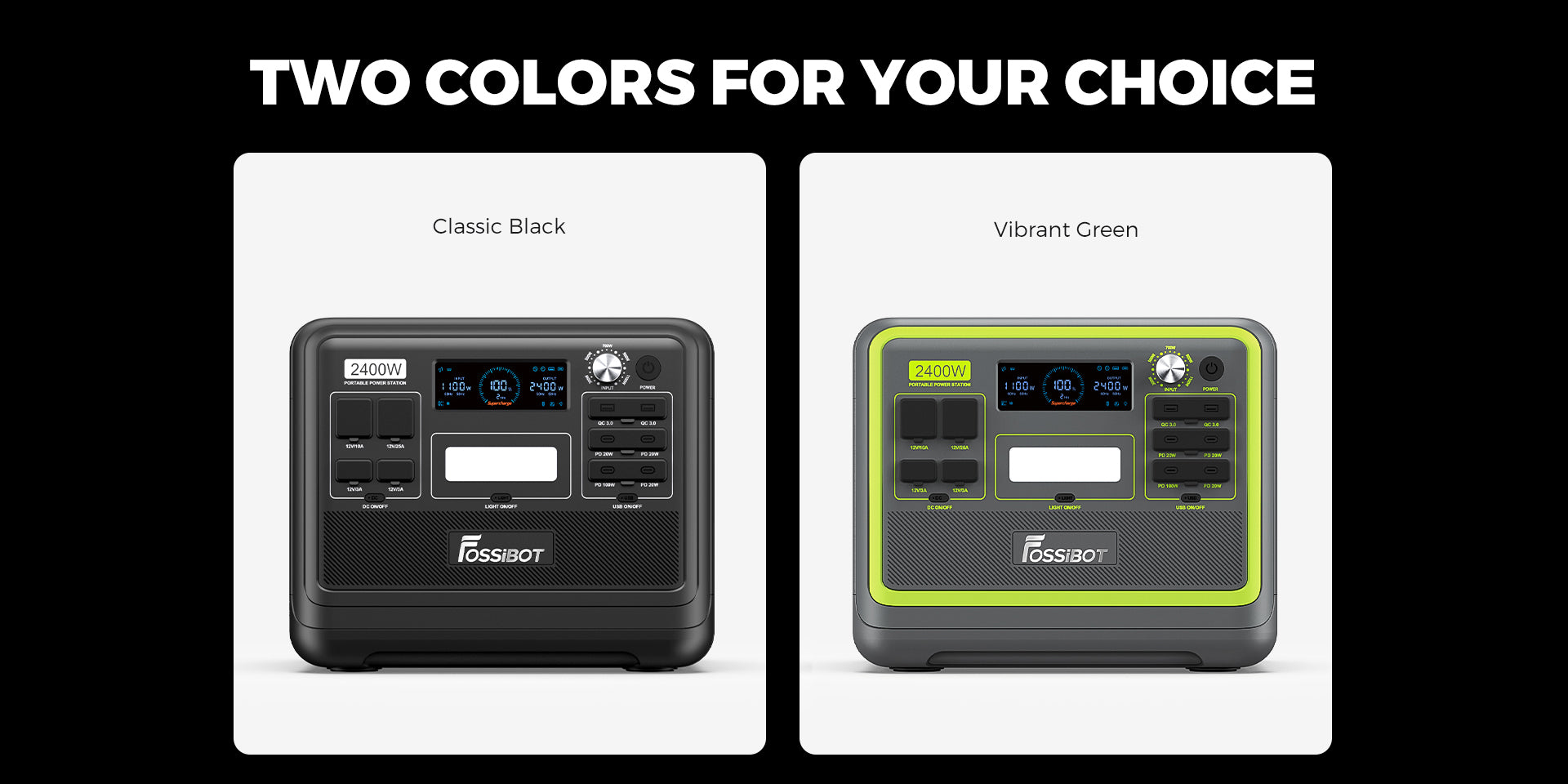 Přenosná elektrárna FOSSiBOT F2400, baterie LiFePO4 2048 Wh, solární generátor s výstupem 2400 W, 3x AC zásuvky pro obytné vozy, USB typu C, QC3.0 PD DC5521, čistá sinusová vlna, rychlé nabíjení za 1,5 hodiny, knoflík pro nastavení vstupního výkonu, obousměrný měnič - zelená