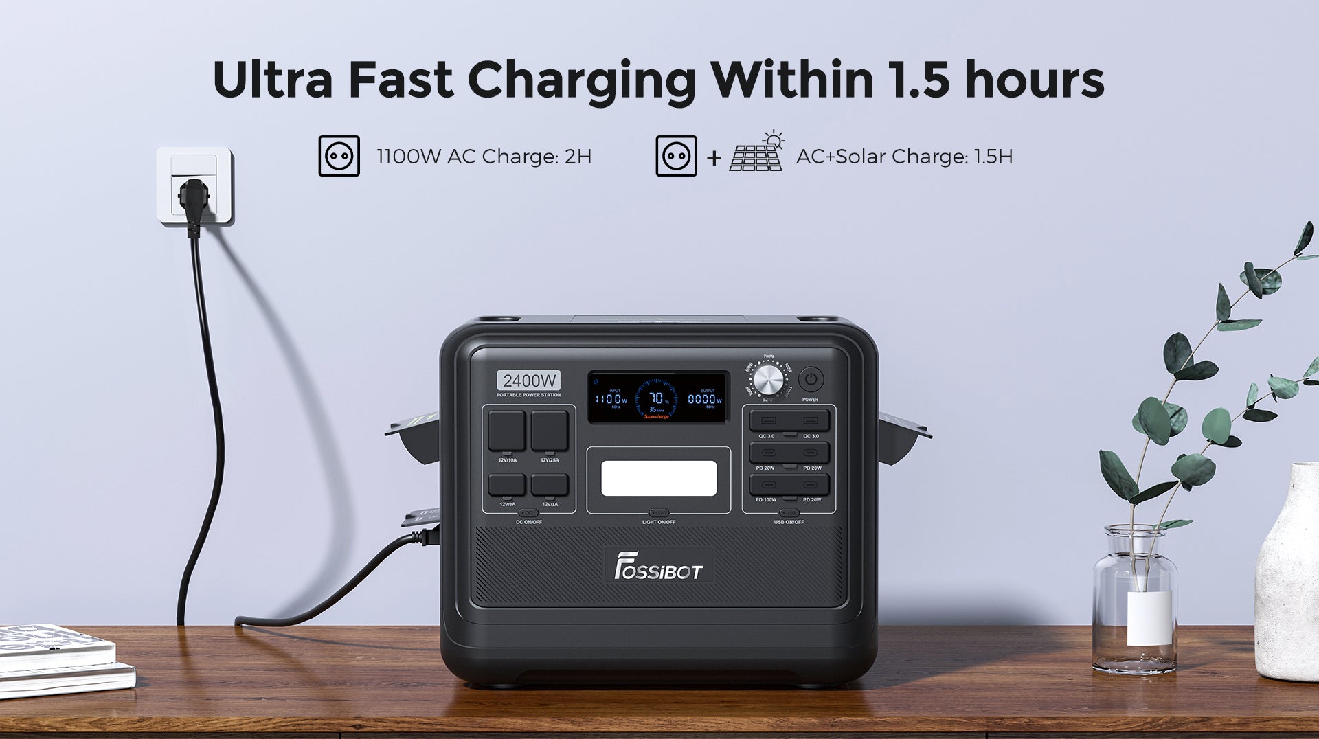 Přenosná elektrárna FOSSiBOT F2400, baterie LiFePO4 2048 Wh, solární generátor s výstupem 2400 W, 3x AC zásuvky pro obytné vozy, USB typu C, QC3.0 PD DC5521, čistá sinusová vlna, rychlé nabíjení za 1,5 hodiny, knoflík pro nastavení vstupního výkonu, obousměrný měnič - zelená