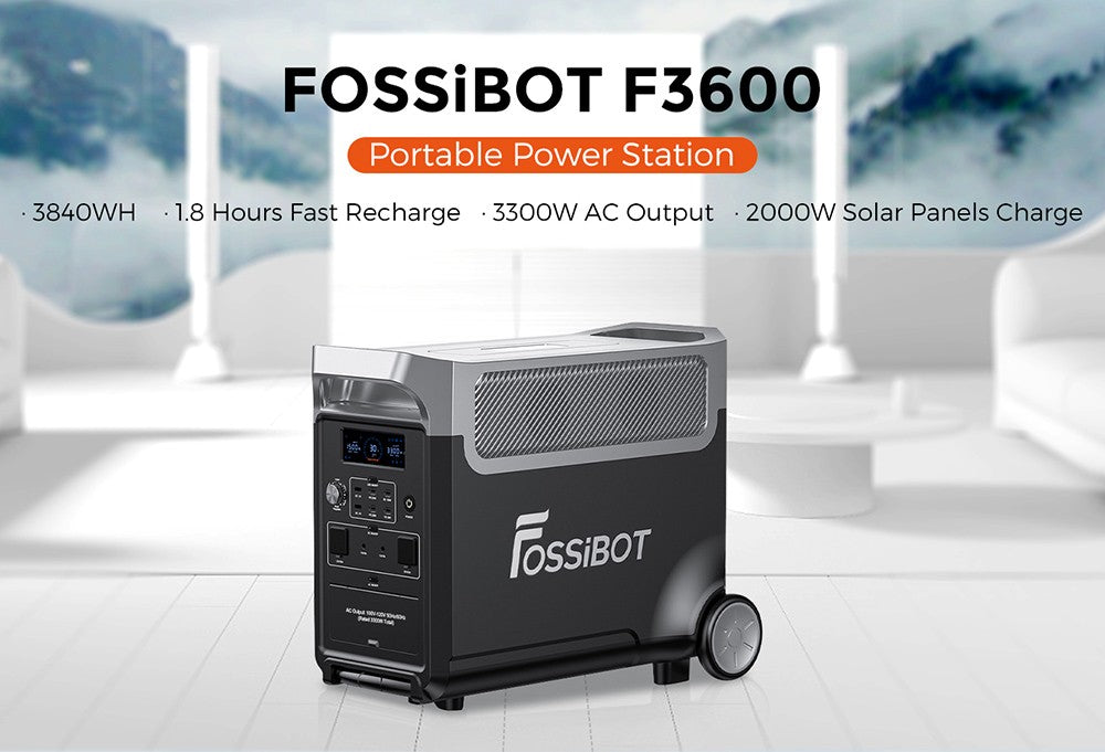 Přenosná elektrárna FOSSiBOT F3600, solární generátor LiFePO4 3840 Wh, výstupní výkon 3300 W AC, maximální solární nabíjení 2000 W, plné nabití za 1,8 hodiny, 15 výstupních portů, LCD displej, odnímatelná svítilna, 3W LED světlo, s kolečky