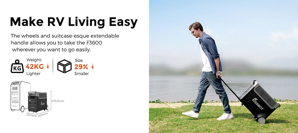 Přenosná elektrárna FOSSiBOT F3600, solární generátor LiFePO4 3840 Wh, výstupní výkon 3300 W AC, maximální solární nabíjení 2000 W, plné nabití za 1,8 hodiny, 15 výstupních portů, LCD displej, odnímatelná svítilna, 3W LED světlo, s kolečky