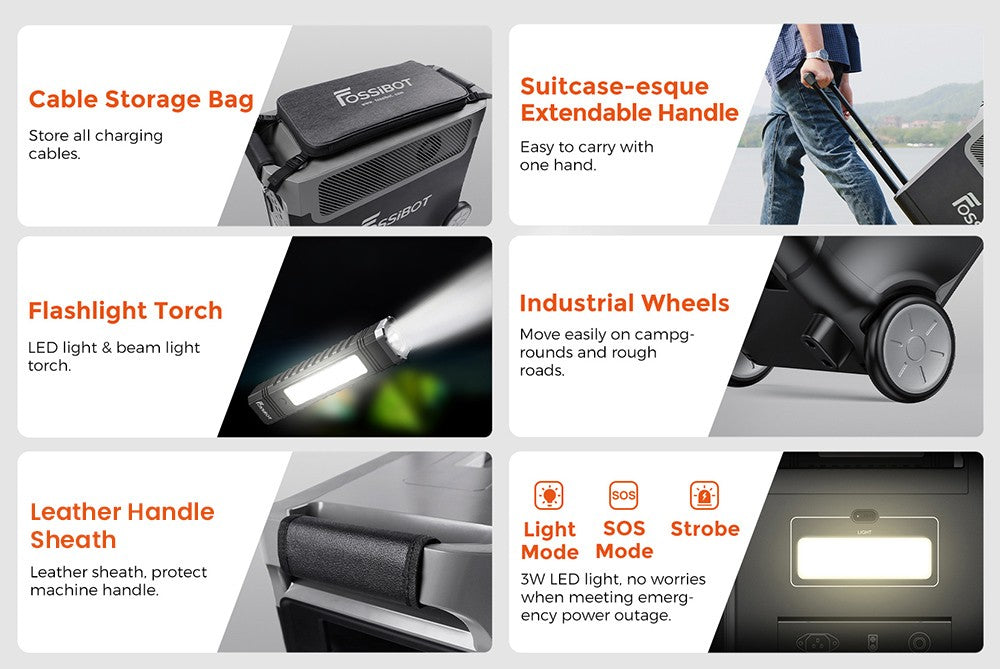 Přenosná elektrárna FOSSiBOT F3600, solární generátor LiFePO4 3840 Wh, výstupní výkon 3300 W AC, maximální solární nabíjení 2000 W, plné nabití za 1,8 hodiny, 15 výstupních portů, LCD displej, odnímatelná svítilna, 3W LED světlo, s kolečky