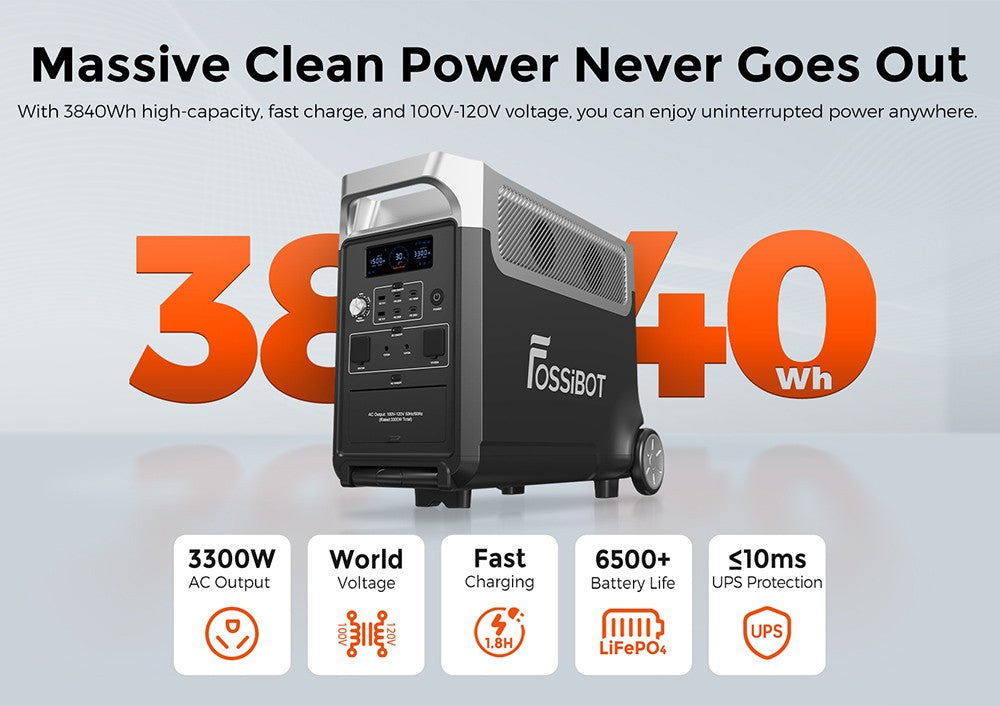 Přenosná elektrárna FOSSiBOT F3600, solární generátor LiFePO4 3840 Wh, výstupní výkon 3300 W AC, maximální solární nabíjení 2000 W, plné nabití za 1,8 hodiny, 15 výstupních portů, LCD displej, odnímatelná svítilna, 3W LED světlo, s kolečky