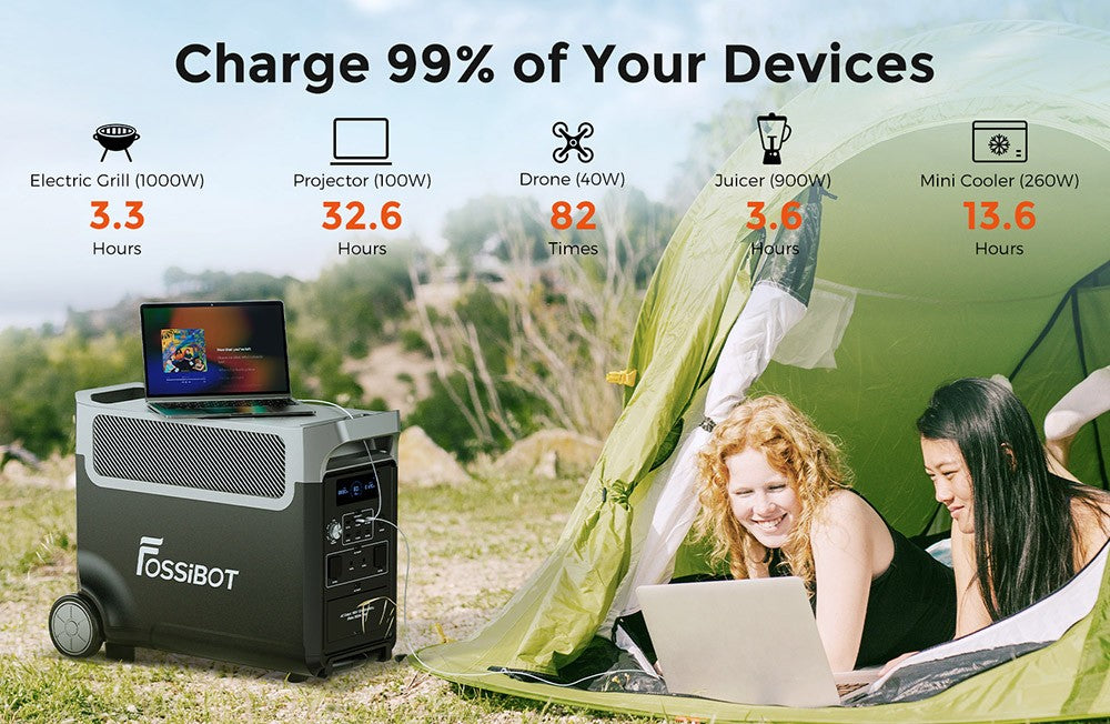 Přenosná elektrárna FOSSiBOT F3600, solární generátor LiFePO4 3840 Wh, výstupní výkon 3300 W AC, maximální solární nabíjení 2000 W, plné nabití za 1,8 hodiny, 15 výstupních portů, LCD displej, odnímatelná svítilna, 3W LED světlo, s kolečky