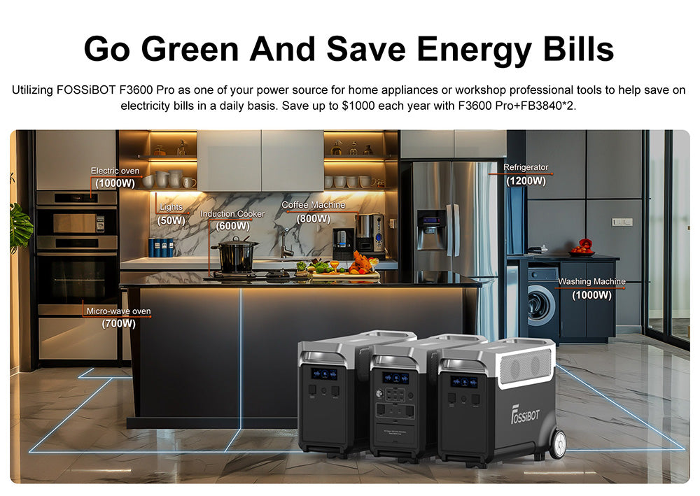 Přenosná elektrárna FOSSiBOT F3600 Pro, 2 bateriové bloky s možností rozšíření kapacity, lithiová baterie 3840 Wh, vysoký střídavý výkon 3600 W, maximální solární nabíjení 2000 W, plné nabití 1,5 hodiny, 13 výstupních portů, LED svítilna, 5 rychlostí nabíjení
