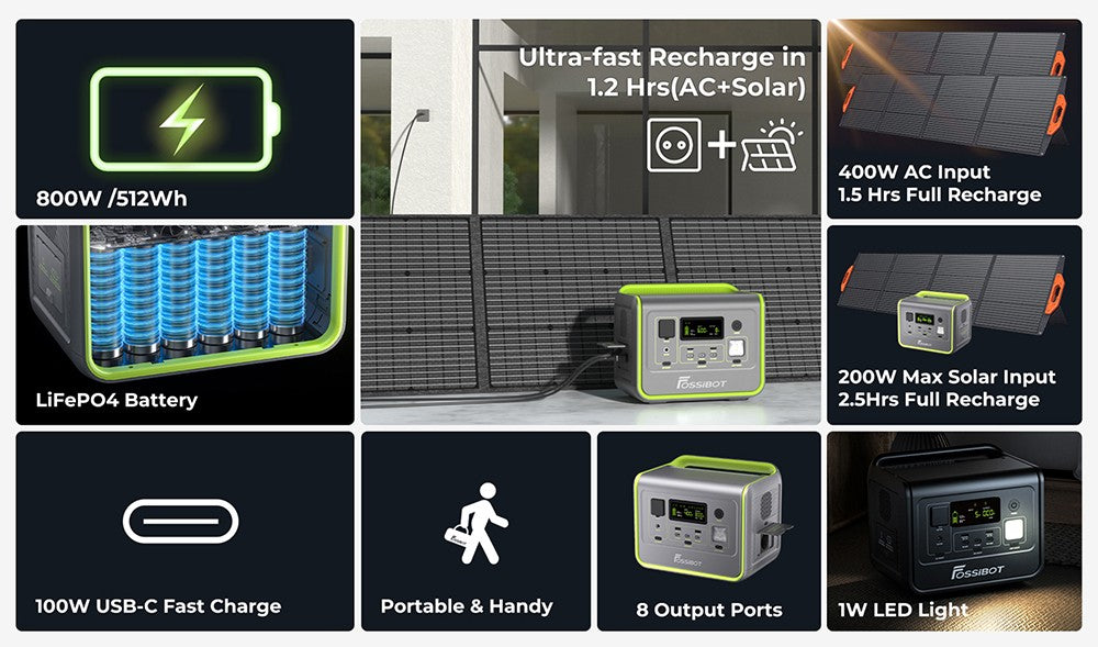 Přenosná elektrárna FOSSiBOT F800, solární generátor 512 Wh LiFePO4, výstupní výkon 800 W AC, maximální solární vstup 200 W, 8 zásuvek, LED světlo - zelené