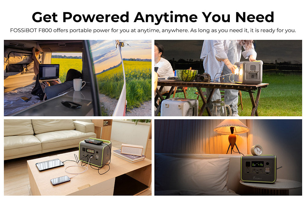 Přenosná elektrárna FOSSiBOT F800, solární generátor 512 Wh LiFePO4, výstupní výkon 800 W AC, maximální solární vstup 200 W, 8 zásuvek, LED světlo - zelené