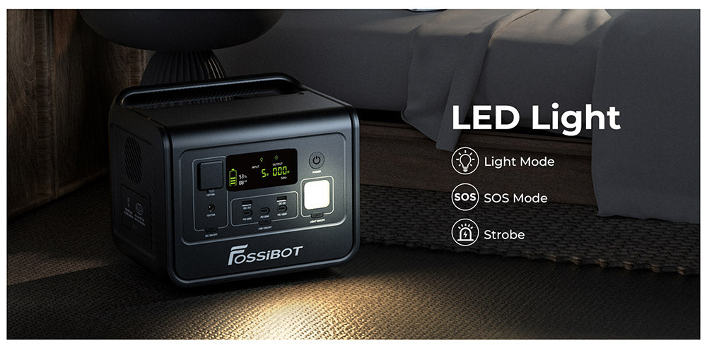 Přenosná elektrárna FOSSiBOT F800, solární generátor 512 Wh LiFePO4, výstupní výkon 800 W AC, maximální solární vstup 200 W, 8 zásuvek, LED světlo - zelené