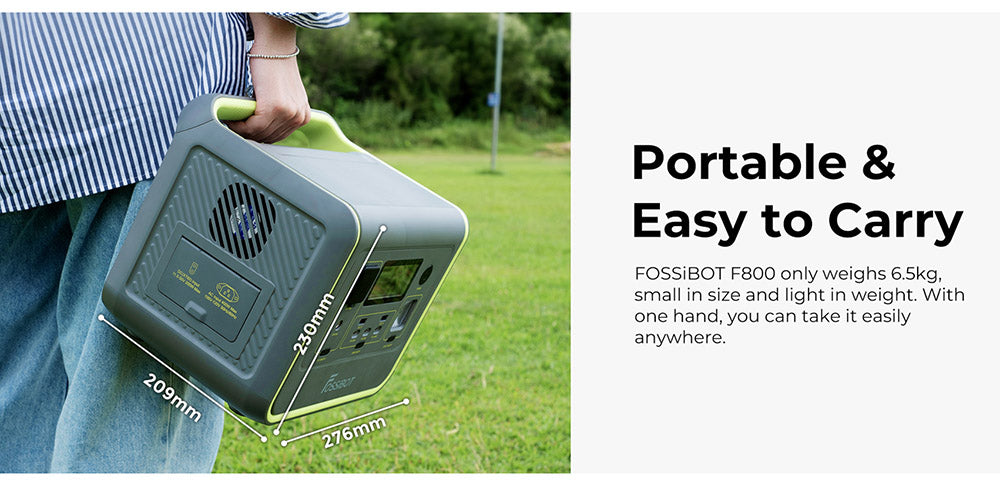 Přenosná elektrárna FOSSiBOT F800, solární generátor 512 Wh LiFePO4, výstupní výkon 800 W AC, maximální solární vstup 200 W, 8 zásuvek, LED světlo - zelené