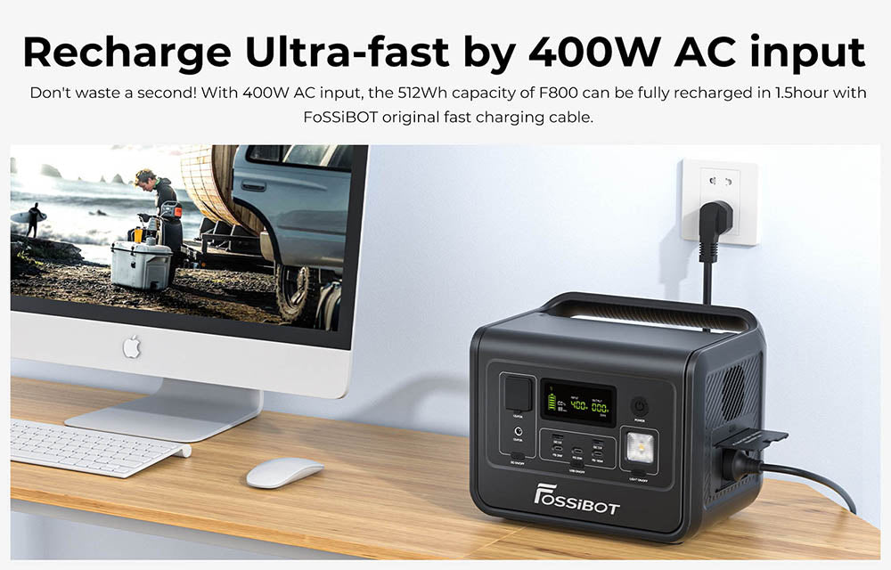 Přenosná elektrárna FOSSiBOT F800, solární generátor 512 Wh LiFePO4, výstupní výkon 800 W AC, maximální solární vstup 200 W, 8 zásuvek, LED světlo - zelené