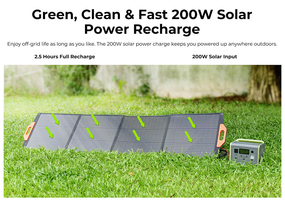 Přenosná elektrárna FOSSiBOT F800, solární generátor 512 Wh LiFePO4, výstupní výkon 800 W AC, maximální solární vstup 200 W, 8 zásuvek, LED světlo - zelené