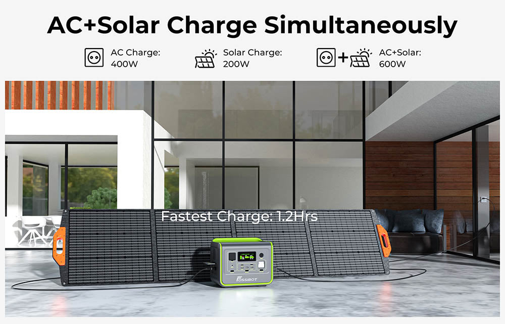 Přenosná elektrárna FOSSiBOT F800, solární generátor 512 Wh LiFePO4, výstupní výkon 800 W AC, maximální solární vstup 200 W, 8 zásuvek, LED světlo - zelené