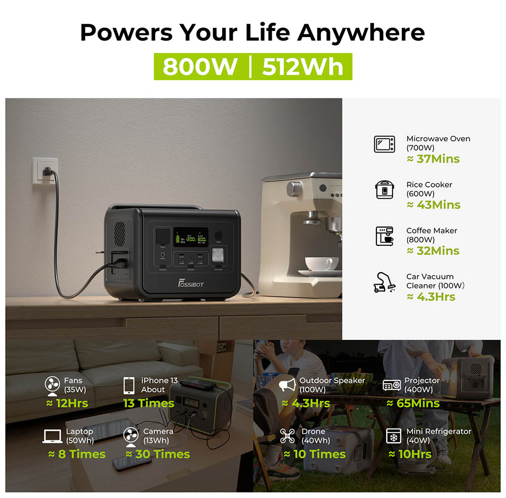 Přenosná elektrárna FOSSiBOT F800, solární generátor 512 Wh LiFePO4, výstupní výkon 800 W AC, maximální solární vstup 200 W, 8 zásuvek, LED světlo - zelené