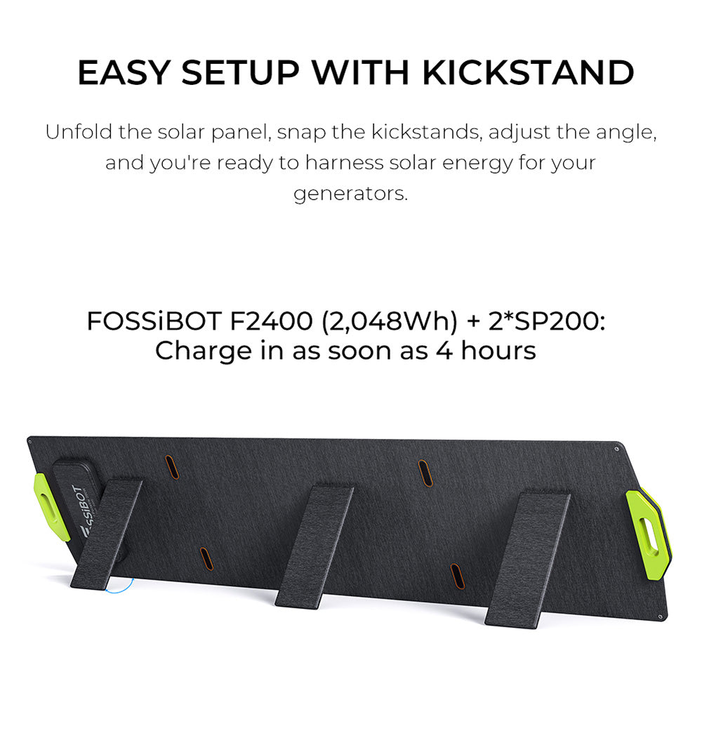 Skládací solární panel FOSSiBOT SP200 200W, vysoká účinnost článků 23,4%, povlak ETFE, nastavitelné stojánky pro domácnost, karavan, kempování, zatemnění - zelený