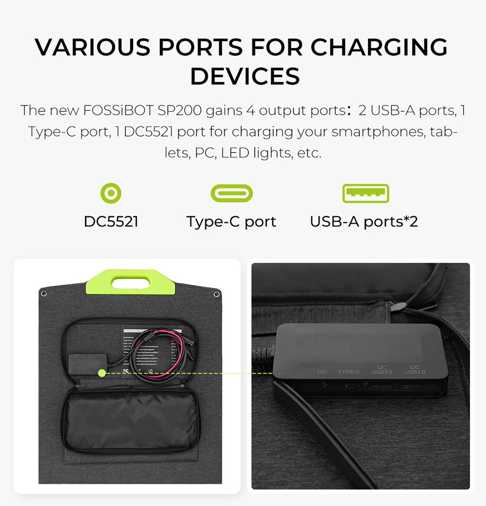 Skládací solární panel FOSSiBOT SP200 200W, vysoká účinnost článků 23,4%, povlak ETFE, nastavitelné stojánky pro domácnost, karavan, kempování, zatemnění - zelený