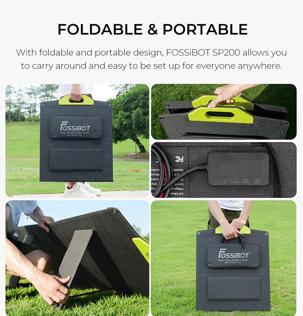 Skládací solární panel FOSSiBOT SP200 200W, vysoká účinnost článků 23,4%, povlak ETFE, nastavitelné stojánky pro domácnost, karavan, kempování, zatemnění - zelený