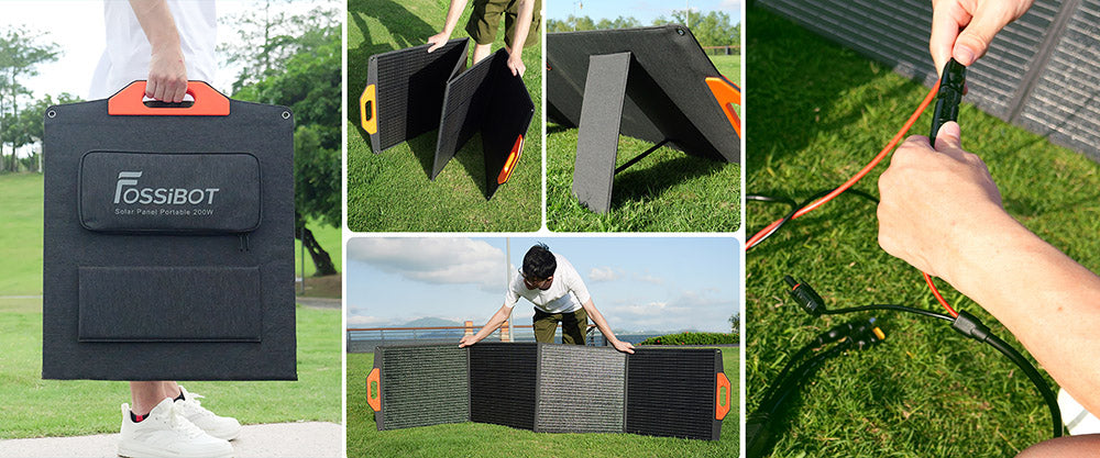 FOSSiBOT SP200 18V 200W skládací solární panel, 23,4% vysoká účinnost monokrystalických solárních článků, pro elektrárnu MPPT skládací solární nabíječka s nastavitelným stojanem, vodotěsný IP67, pro venkovní kempování a obytné vozy, offline systém, se standardním konektorem MC4