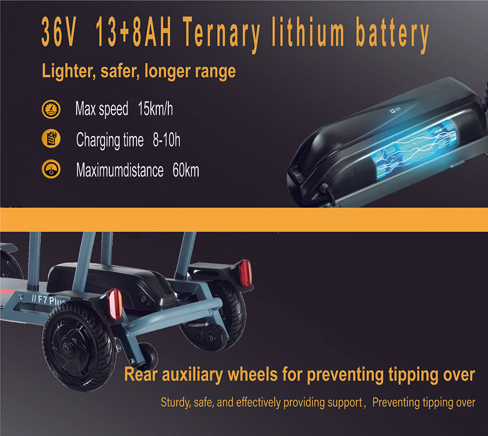 Freejoyer F7 Plus čtyřkolová elektrická koloběžka se sedadlem, motor 300 W, baterie 36 V 21 Ah, maximální rychlost 15 km/h, maximální dojezd 35 km - šedomodrá