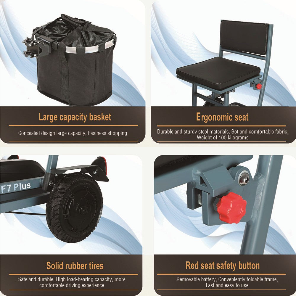 Freejoyer F7 Plus čtyřkolová elektrická koloběžka se sedadlem, motor 300 W, baterie 36 V 21 Ah, maximální rychlost 15 km/h, maximální dojezd 35 km - šedomodrá