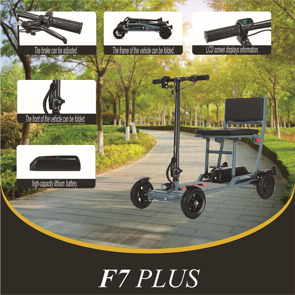 Freejoyer F7 Plus čtyřkolová elektrická koloběžka se sedadlem, motor 300 W, baterie 36 V 21 Ah, maximální rychlost 15 km/h, maximální dojezd 35 km - šedomodrá