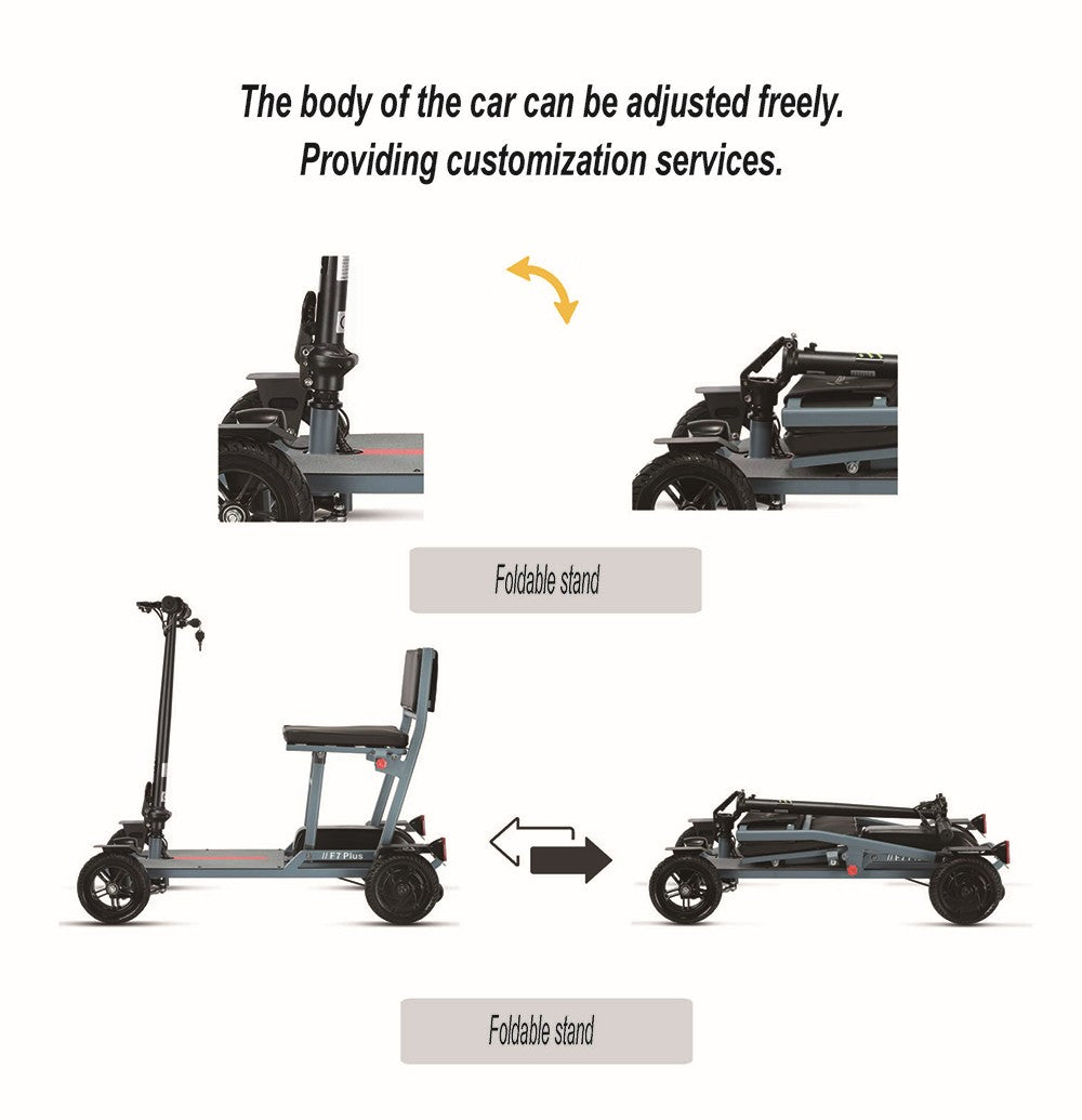Freejoyer F7 Plus čtyřkolová elektrická koloběžka se sedadlem, motor 300 W, baterie 36 V 21 Ah, maximální rychlost 15 km/h, maximální dojezd 35 km - šedomodrá