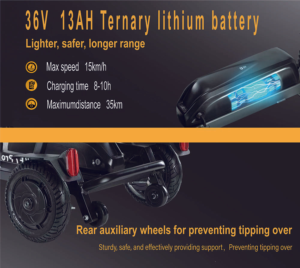 Freejoyer F7 Pro čtyřkolová elektrická koloběžka se sedadlem, motor 300 W, baterie 36 V 13 Ah, maximální rychlost 15 km/h, maximální dojezd 35 km - černá