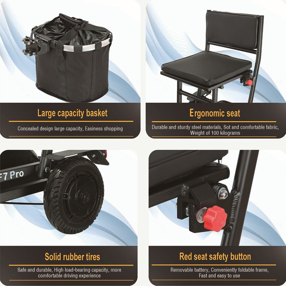 Freejoyer F7 Pro čtyřkolová elektrická koloběžka se sedadlem, motor 300 W, baterie 36 V 13 Ah, maximální rychlost 15 km/h, maximální dojezd 35 km - černá