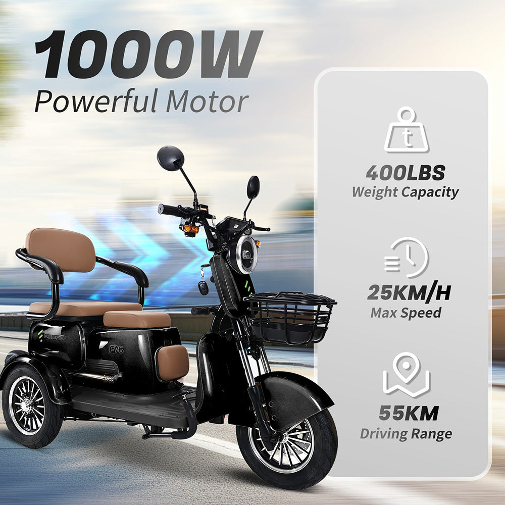 Elektrická tříkolka Freejoyer FV6, motor 1000 W, baterie 60 V 20 Ah, pneumatiky 10*3 palce, maximální rychlost 25 km/h, dojezd 55 km, přední kotoučová brzda a zadní bubnová brzda, hydraulická přední vidlice - černá